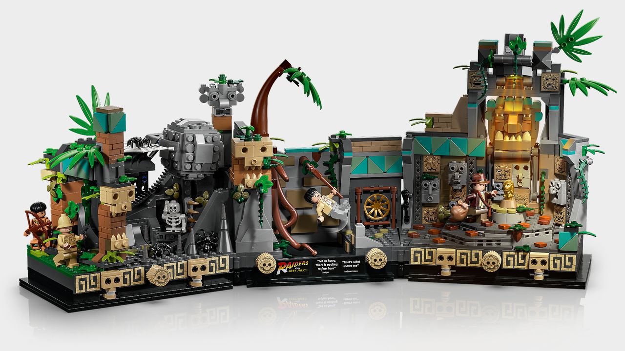 Lego Indiana Jones Temple of the Golden Idol set on a plain background