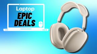 A pair of AirPods Max headphones beside a Laptop Mag deals icon in front of a blue background