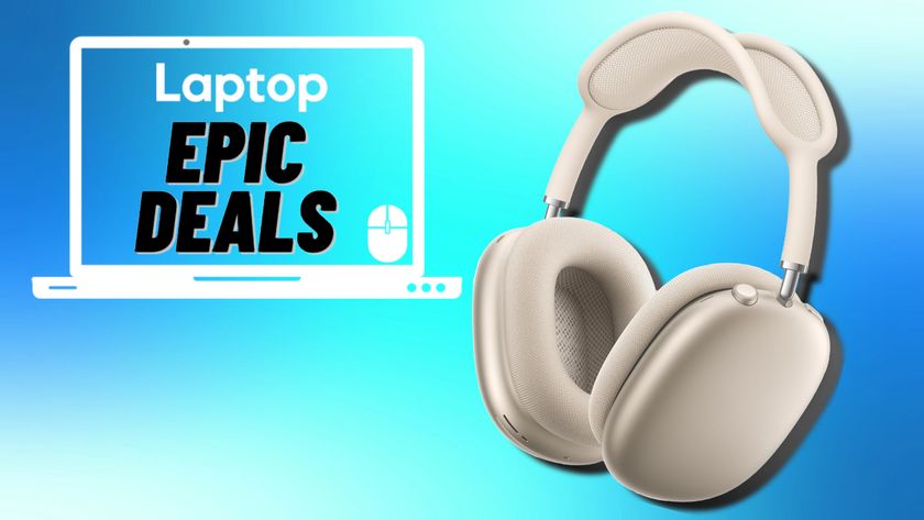 A pair of AirPods Max headphones beside a Laptop Mag deals icon in front of a blue background