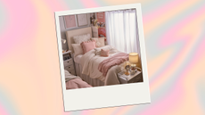 A cute pastel pink themed dorm room in a polaroid frame