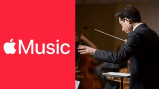 Apple music logo on re background and orchestra conductor