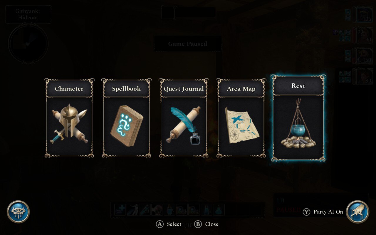 Character menu featuring options like journal and rest in Neverwinter Nights 2