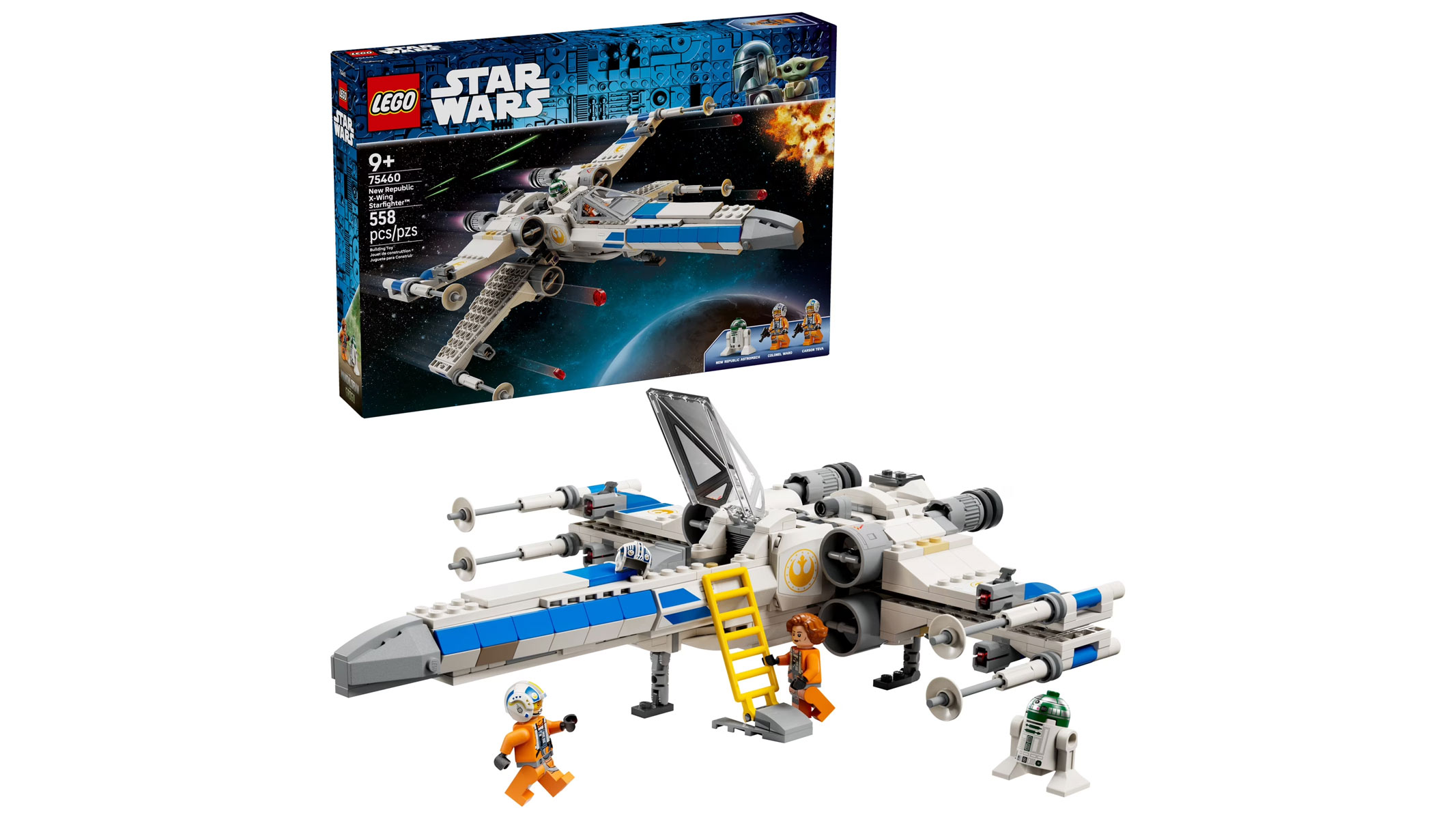 A white and blue spaceship is displayed on a white background with a dark blue product box and orange minifigures and a robot surrounding it.