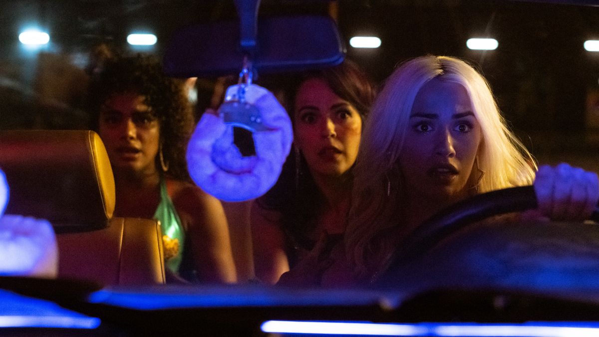 From left, Yany Prado, Veronica Sanchez and Lali Esposito in "Sky Rojo" on Netflix.