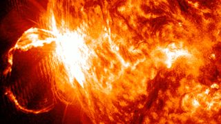 still image from a video showing the x-class solar flare eruption from the sun.