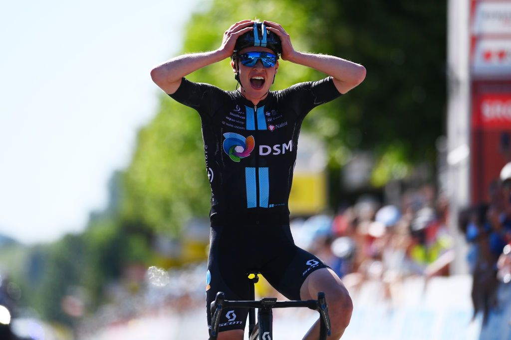 AESCH SWITZERLAND JUNE 13 Andreas Leknessund of Norway and Team DSM celebrates winning during the 85th Tour de Suisse 2022 Stage 2 a 198km stage from Kusnacht to Aesch ourdesuisse2022 WorldTour on June 13 2022 in Aesch Switzerland Photo by Tim de WaeleGetty Images