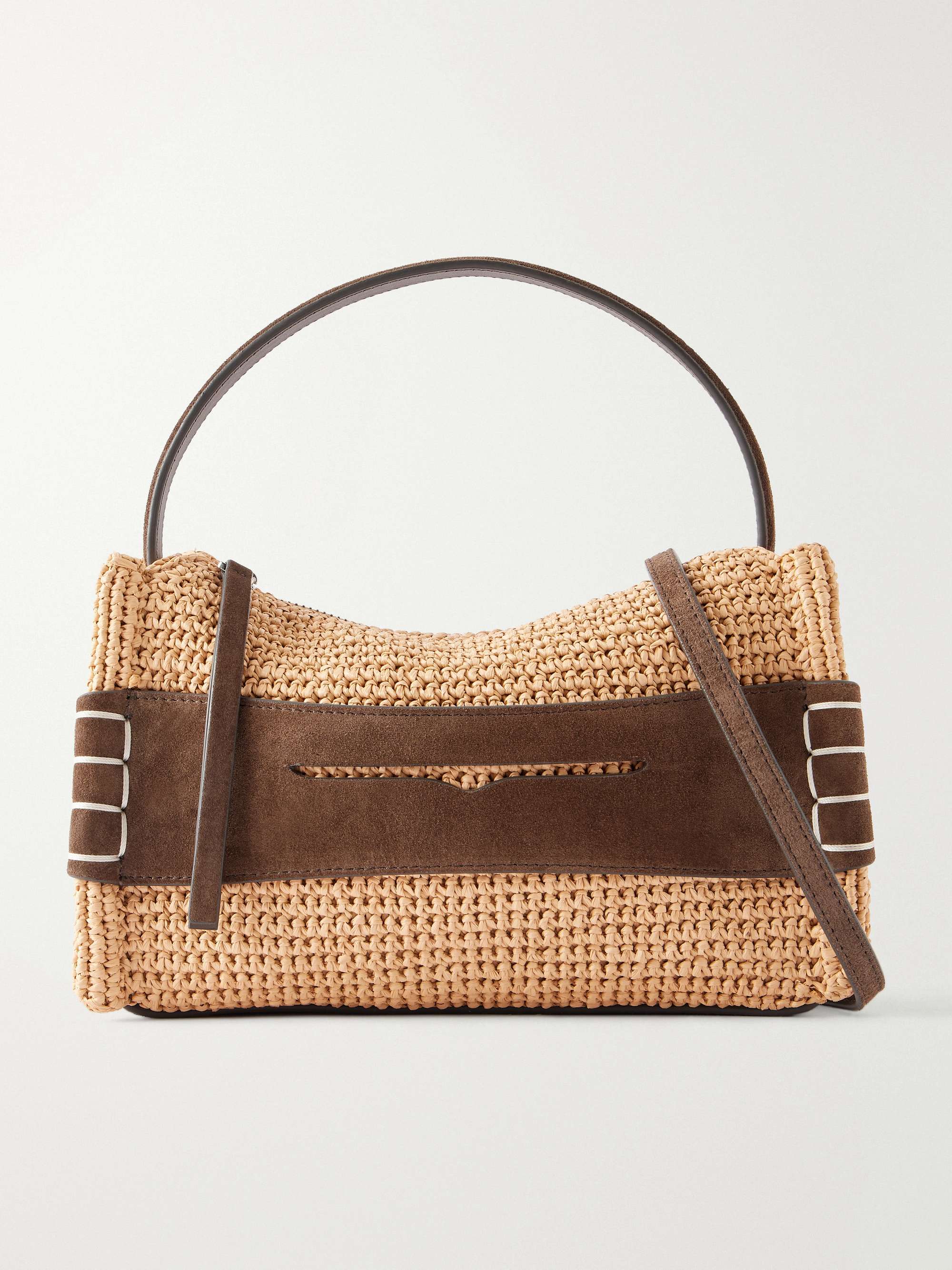 Loafer Crocheted Suede-Trimmed Raffia Shoulder Bag