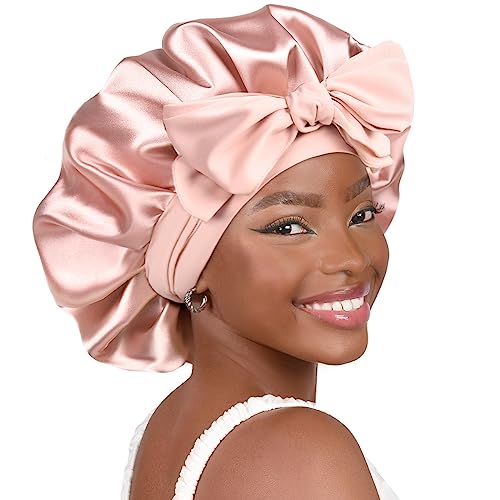 Yanibest Silk Bonnet for Sleeping Women Satin Bonnet Double Layer Satin Lined Hair Bonnet With Tie Band Curly Hair Blush Pink