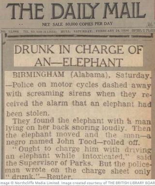 A 1934 article datelined Birmingham, Ala., tells of an alleged elephant theft.