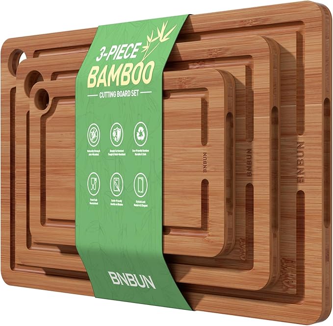 BNBUN, Bnbun Bamboo Cutting Board for Kitchen, Wood Cutting Board 3 Piece Set With Non-Slip Mat Deep Juice Groove and Built-In Handles, Wooden Cutting Boards for Meat Vegetables Fruit for the Home