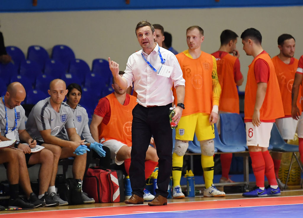 Michael Skubala coach of England gestures during the 2020 FIFA Futsal World Cup Main Round Group 4 match between Italy and England on October 25, 2019 in Eboli, Italy.&amp;nbsp;