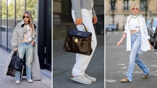 Three women wearing jeans and Birkenstock clogs