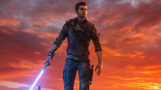 Star Wars Jedi: Survivor release times - Cal Kesis stands against a fiery sky holding a pink lightsaber