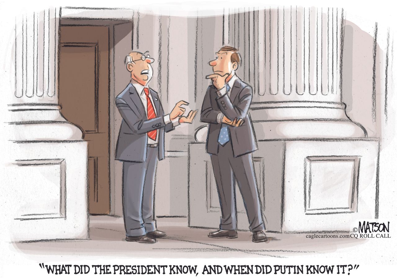 Political Cartoon U.S. President Trump Putin Russia Intelligence secrets