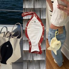 fashion collage featuring Tonset Road fish bags and baby fish bags by Martine Lavelle