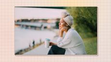 woman wearing headscarf having a cup of coffee by the river