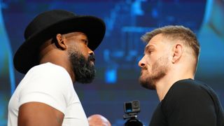 Jon Jones and Stipe Miocic face off during the UFC 309 press conference at The Theater at Madison Square Garden on November 14, 2024 in New York City.