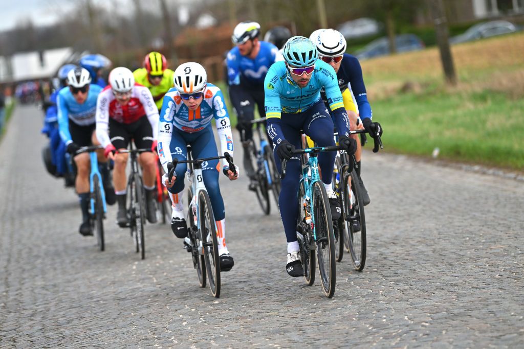 NINOVE BELGIUM FEBRUARY 24 Samuele Battistella of Italy and Astana Qazaqstan Team competes in the breakaway during the 79th Omloop Het Nieuwsblad 2024 Mens Elite a 2022km one day race from Ghent to Ninove UCIWT on February 24 2024 in Ninove Belgium Photo by Luc ClaessenGetty Images