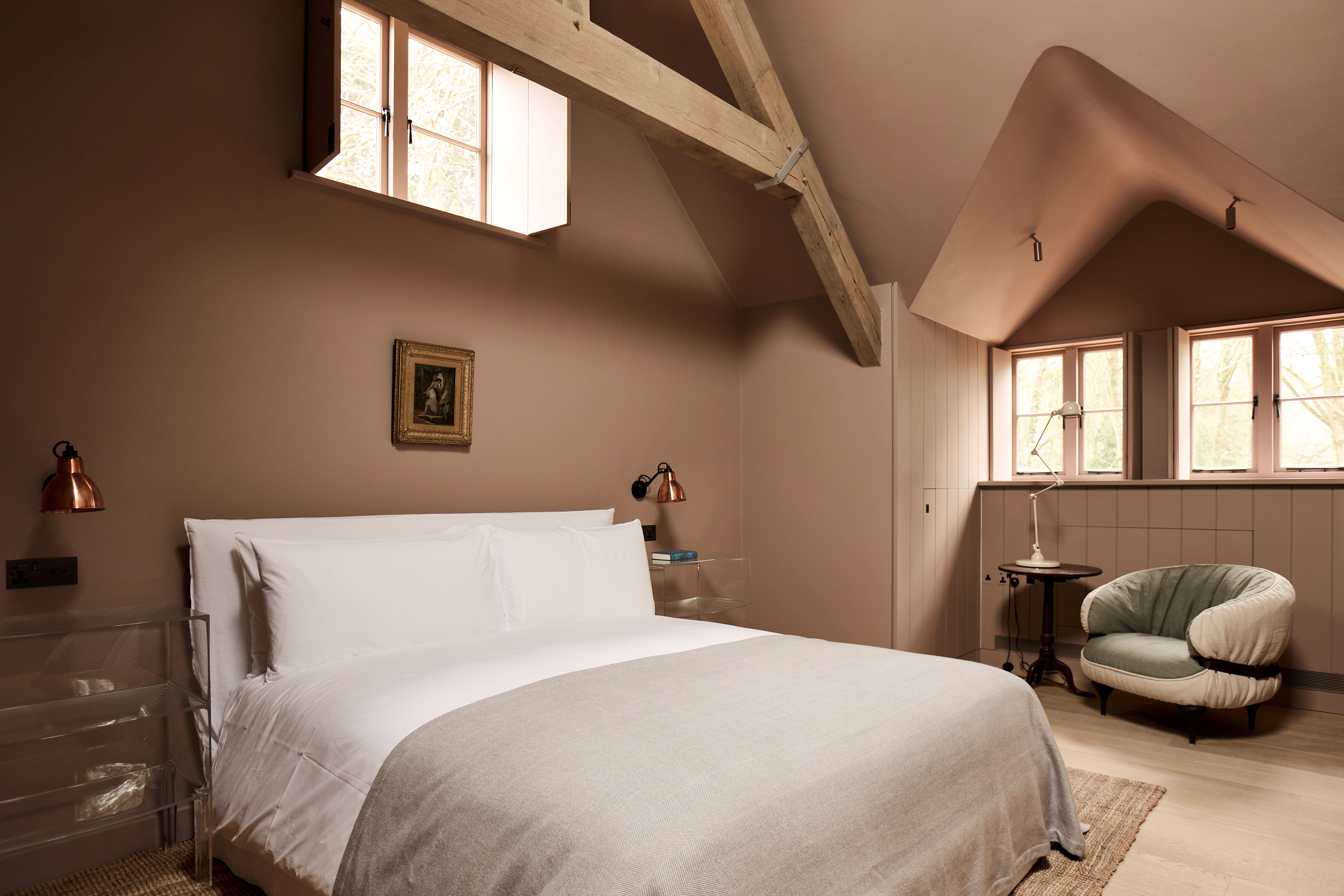 view of a bucolic british country house with a rustic bedroom