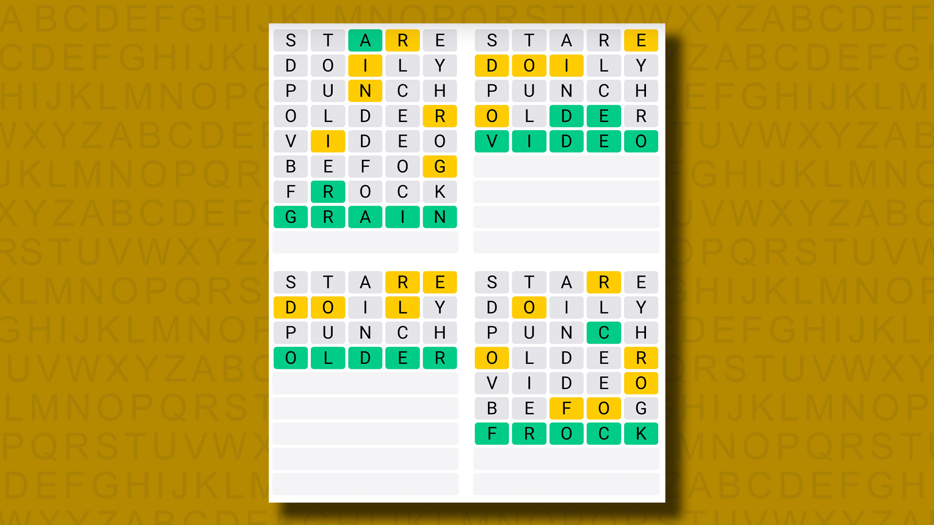 Quordle responde al juego 894 sobre un fondo amarillo