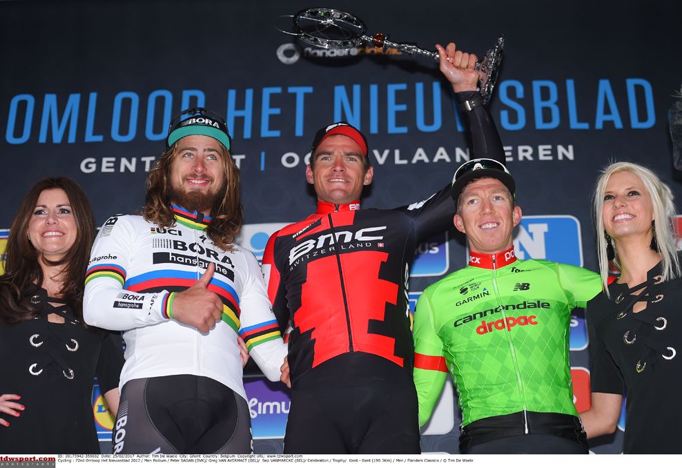 The Omloop Het Nieuwsblad 2017 podium: Peter Sagan, Greg Van Avermaet and Sep Vanmarcke