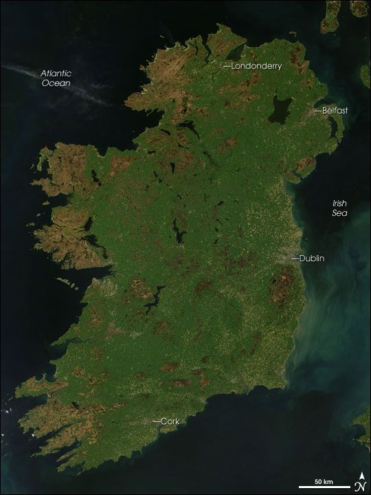 The lush green of the Emerald Isle, Ireland, is clear in this image taken by NASA&#039;s Terra satellite.