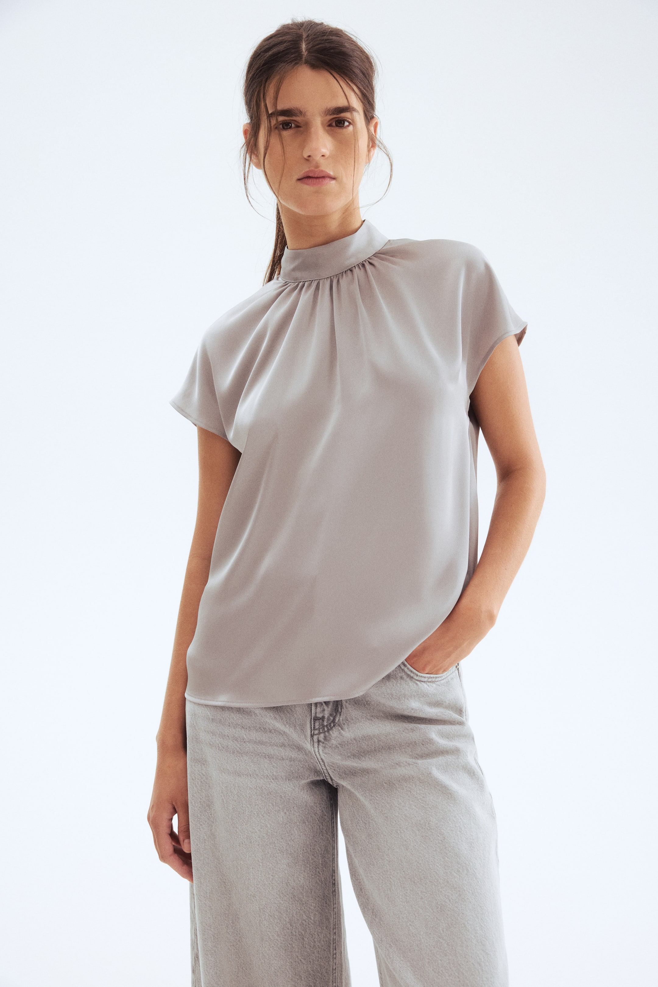 Stand-Collar Satin Blouse - Light Grey