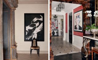 Left: Diamond Dust Shoe #255, 1980, by Warhol. Right: looking down the hall from the living room, with Warhol’s Uncle Sam, 1981, and Untitled (Devil’s Head), 1987, by Basquiat in the foyer