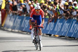 Tom Dumoulin (Giant-Alpecin) comes in with the fastest time in Sallanches
