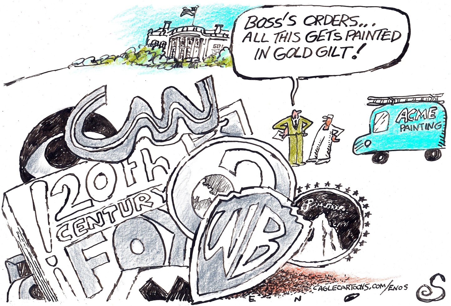 Two workers from &amp;ldquo;ACME Painting&amp;rdquo; are outside the White House and look at a pile of media logos, including the CBS eye, 20th Century Fox, CNN, Warner Brothers, and Paramount.&amp;rdquo; One of the painters says, &amp;ldquo;Boss&amp;rsquo;s orders &amp;hellip; All this gets painted in gold gilt!&amp;rdquo;