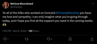 Sending love to the team at Firewalk Studios today. I'm sure this news is hard on all the folks who invested years in bringing Concord to players.