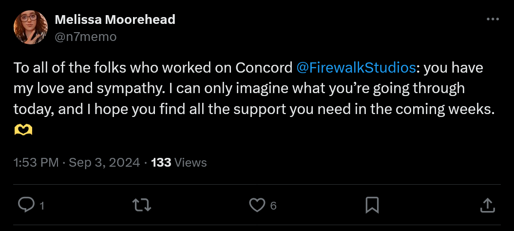 Concord developer expresses gratitude for support following the sudden shutdown: 'For all of you reaching out with love, you are the reason we make games'