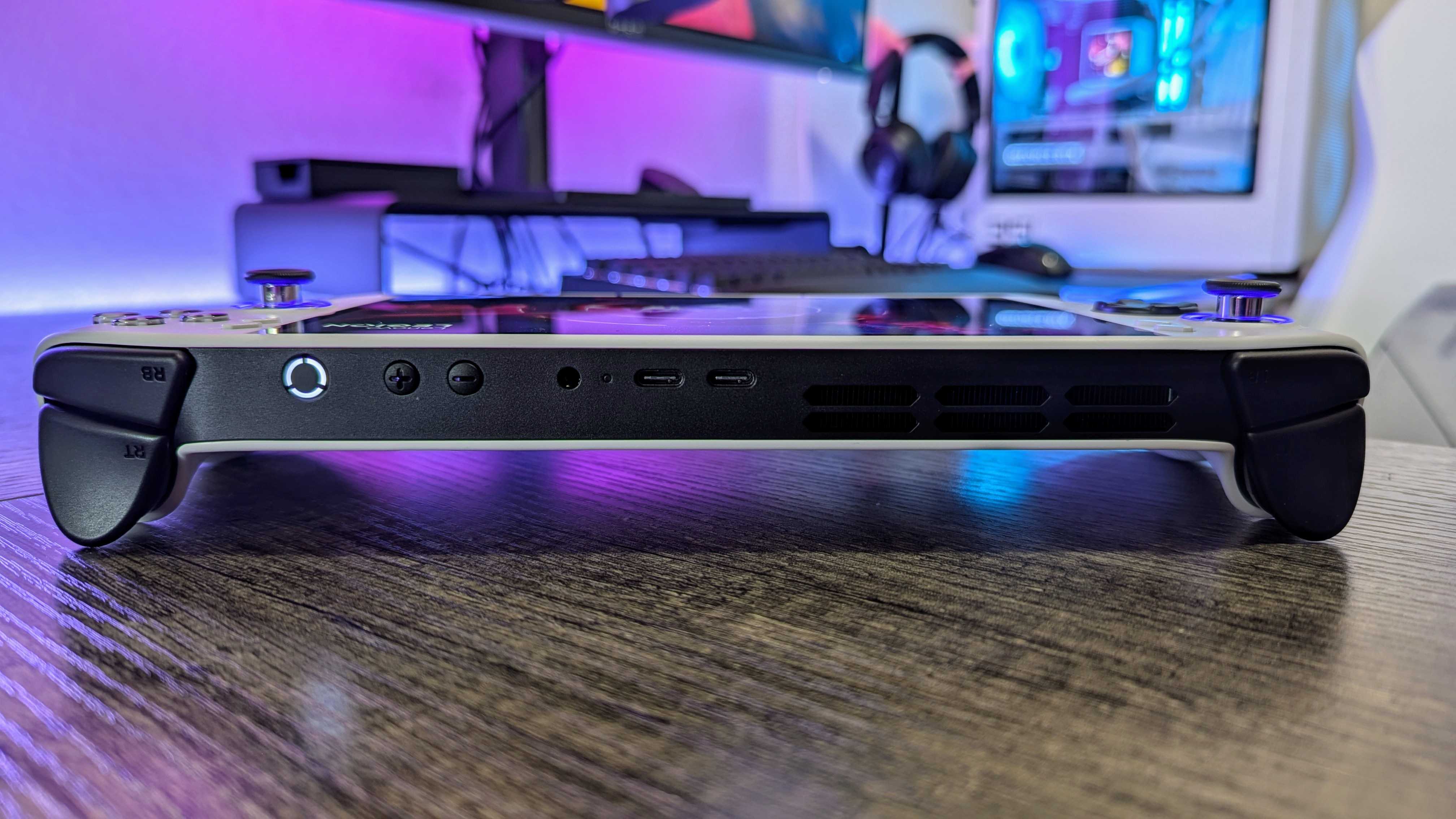 The top of the Lenovo Legion Go S, showing the power button, volume buttons, 3.5mm audio jack, and two USB Type-C 4.0 ports.