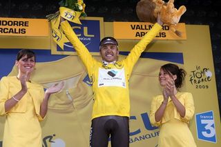 Italian Rinaldo Nocentini (AG2R La Mondiale) celebrates on the podium.