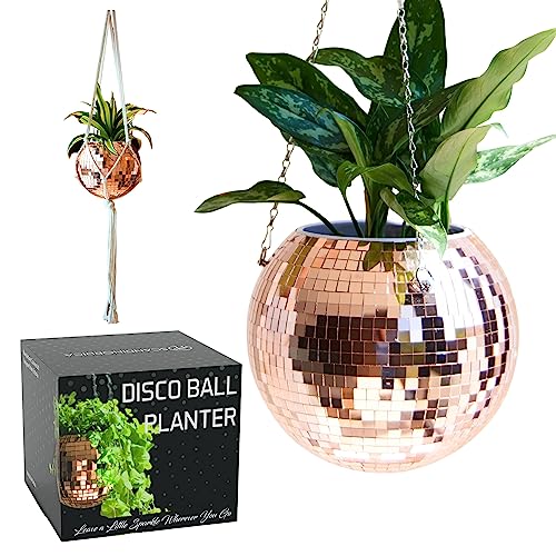 Scandinordica Disco Ball Planter &amp;ndash; Value Package: Mirror Disco Planter With Chain, Macrame Hanger and Acrylic Stand for Desk, Self Watering Insert, Plant Lover Gifts | 10 Inch Rose Gold