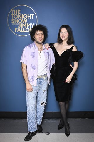 Selena Gomez and Benny Blanco backstage at the tonight show wearing a black vintage mugler mini dress