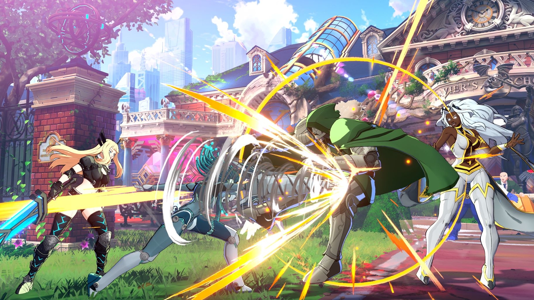 Marvel Tokon: Fighting Souls screenshot showing Magik calling Danger to assist (left) in attacking Doctor Doom and Storm (right)