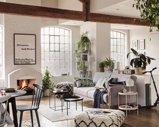 John Lewis & Partners open plan living room and diner with fireplace insert