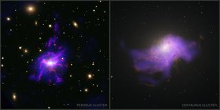 A two paneled image showing two galaxy clusters represented as purple blobs in space