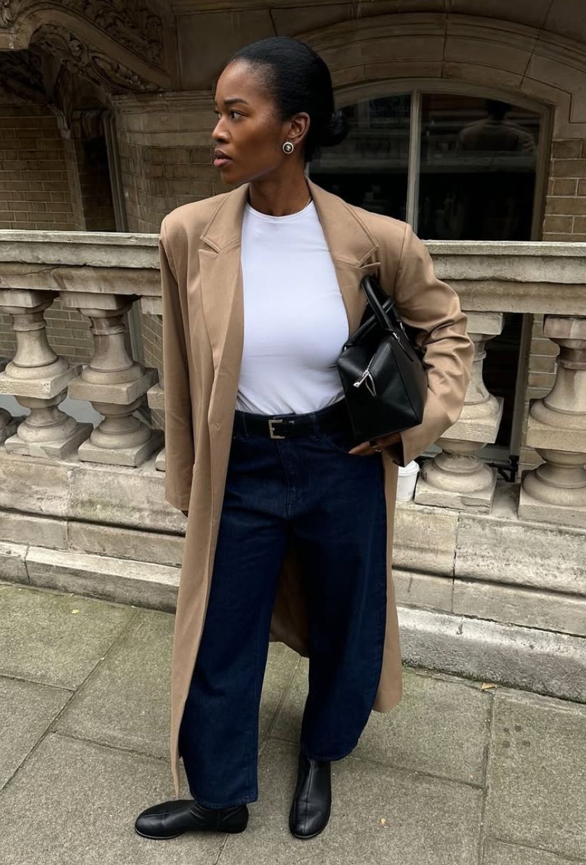 @nlmarilyn wears barrel jeans. a camel wool coat. white top and Chelsea boots