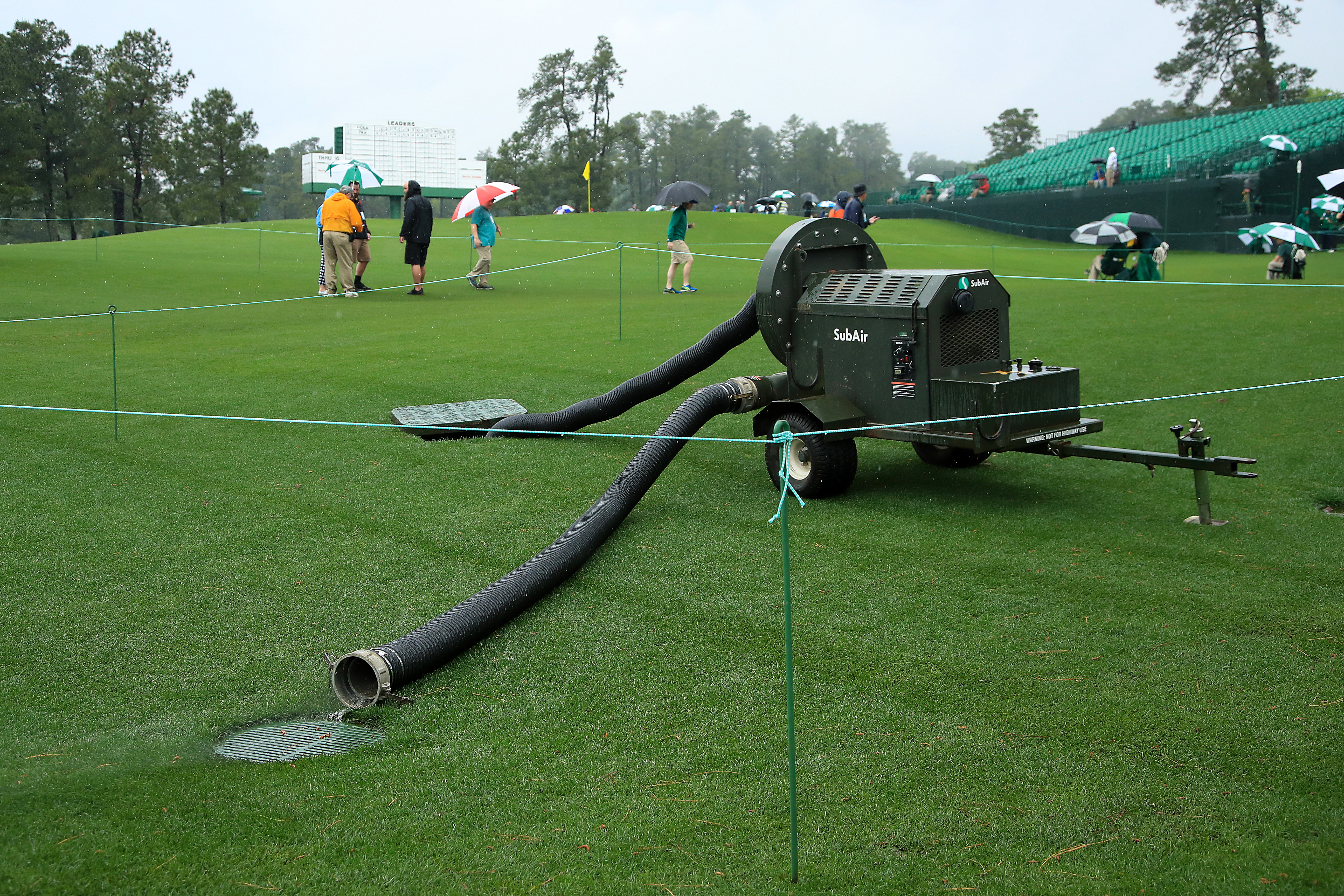 A detail of a SubAir moisture removal system during a practice round prior to the Masters at Augusta National Golf Club
