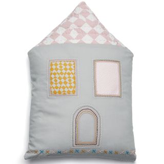 cotton house cushion with cross stich embroidery and geometric patches