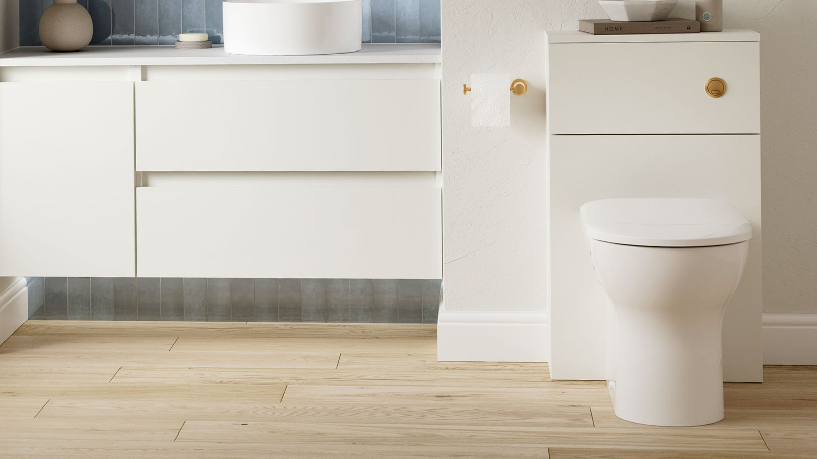 White toilet surrounded by white cabinets and wood-effect tiles on the floor