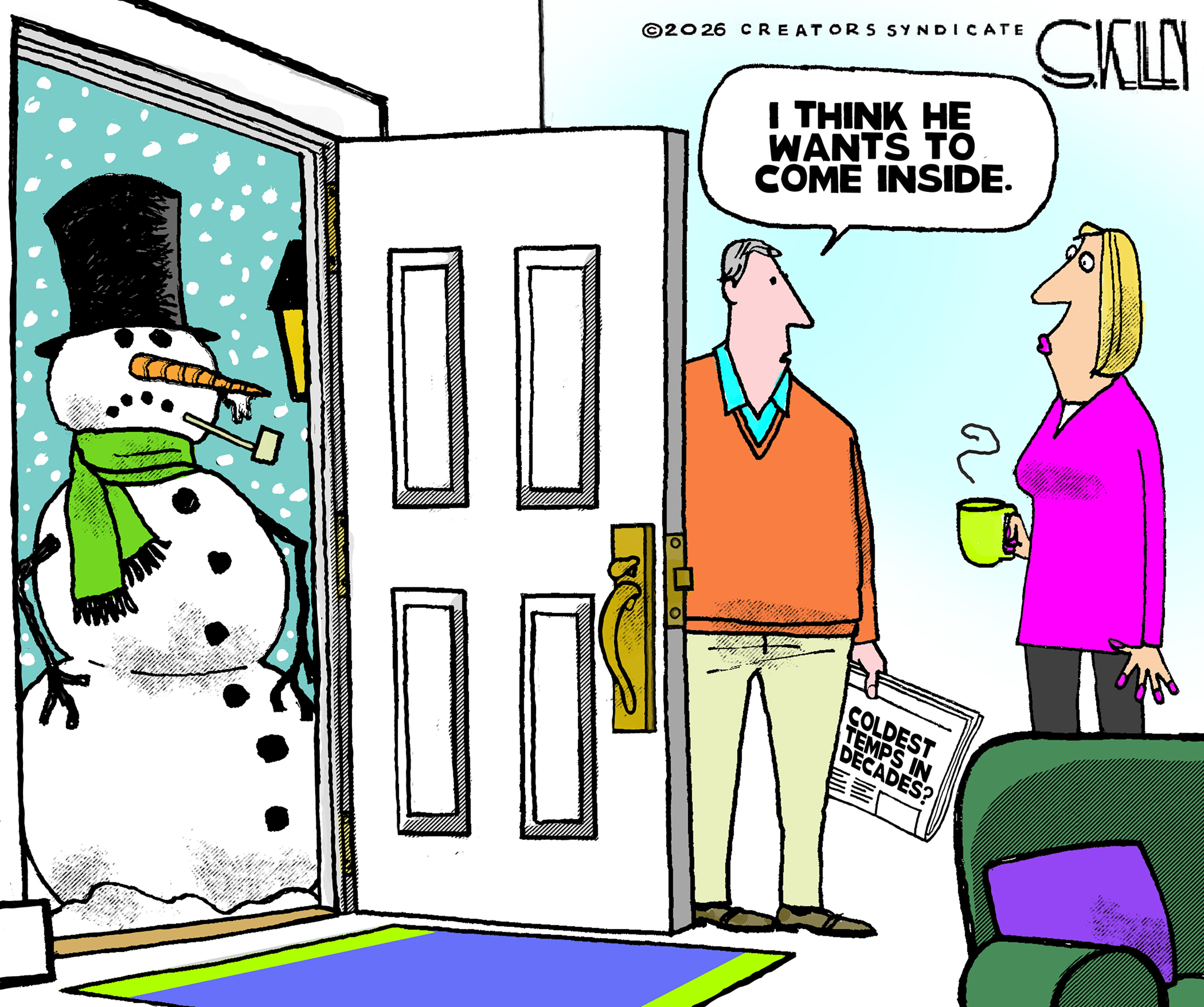 A man and woman answer the door at their home and look surprised to see a snowman outside, standing in the incredibly cold air. The man says, &amp;ldquo;I think he wants to come inside.&amp;rdquo;