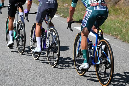 Detailed view of Ethan Hayter of Great Britain and Team Soudal Quick-Step competes in the breakaway with his torn jersey during the La Vuelta - 81st Tour of Spain 2026, Stage 2 a 214.3km from Monaco to Manosque 408m / #UCIWT / on August 23, 2026 in Manosque, Monaco. (Photo by Tim de Waele/Getty Images)