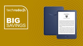 The Amazon Kindle on a yellow background with text saying Big Savings next to it.