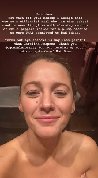 A picture of Blake Lively wearing a strapless top and no makeup with writing talking about how she used lip gloss with peppers in it as a teenager