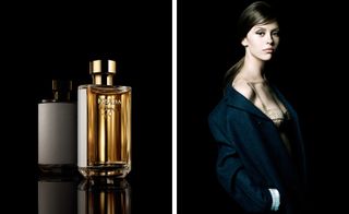 Two side-by-side photos of the gold ’La Femme Prada’ fragrance and the ’Prada woman’ played by Mia Goth who is dressed in a dark blue coat with a light coloured piece underneath. Both photos have a black background