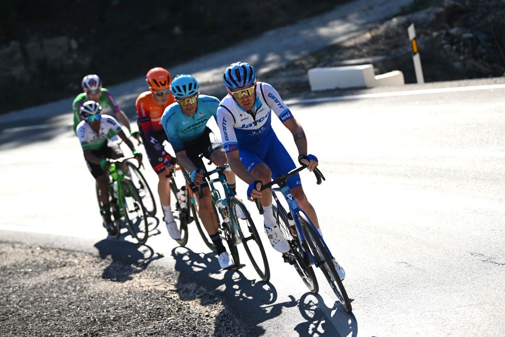 ALTO DE PINOS SPAIN FEBRUARY 02 Alessandro De Marchi of Italy and Team Jayco Alula competes in the breakaway during the 74th Volta a la Comunitat Valenciana 2023 Stage 2 a 1782km stage from Novelda to Alto de Pinos 621m VCV2023 VoltaValenciana on February 02 2023 in Alto de Pinos Spain Photo by Dario BelingheriGetty Images