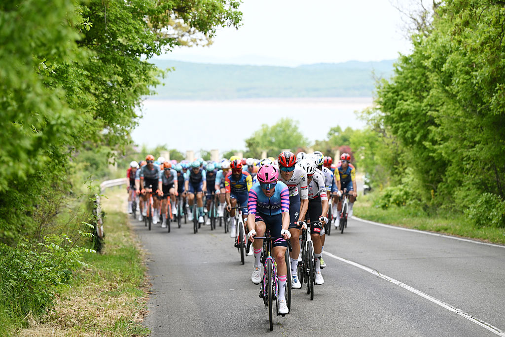 Niklas Larsen of Denmark and Team Unibet Rose Rockets leads the peloton